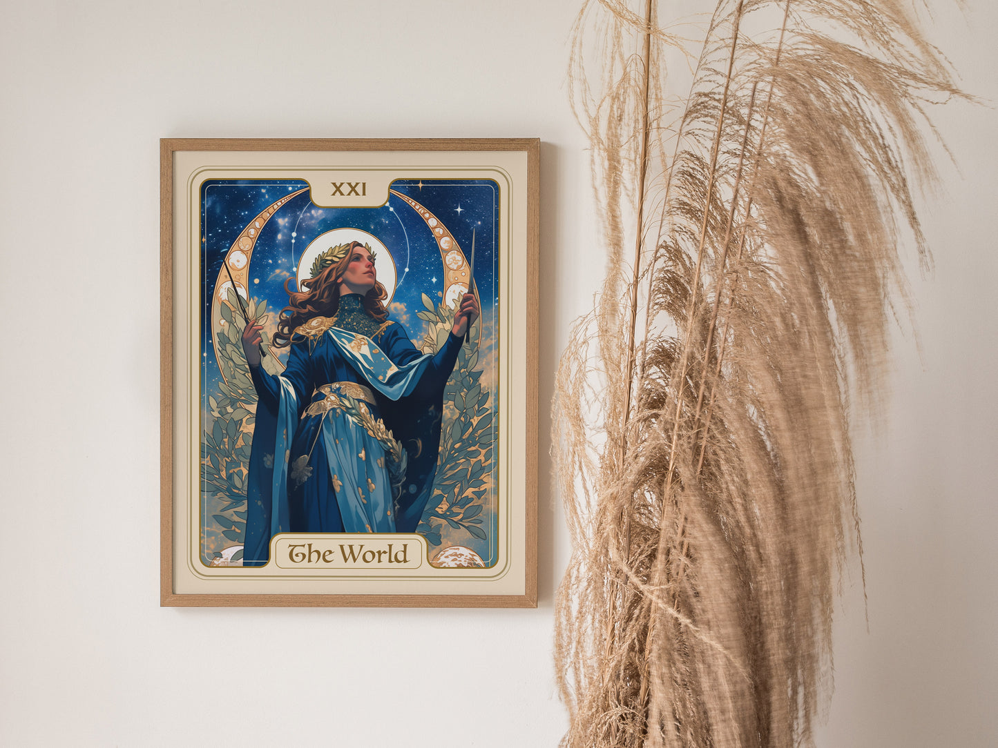 Home setting displaying framed and unframed wall art posters of a crowned figure amidst cosmic harmony and laurel leaves.