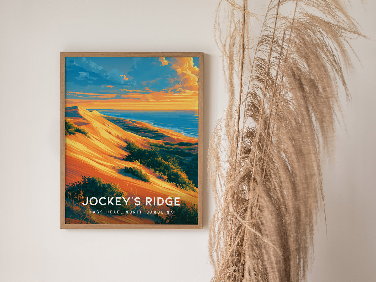 Jockey's Ridge, Nags Head, North Carolina Poster | Sand Dunes & Sunset Travel Wall Art — styled in a modern interior