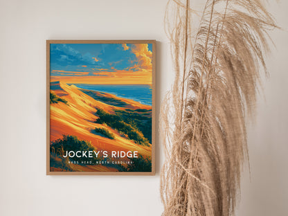 Jockey's Ridge, Nags Head, North Carolina Poster | Sand Dunes & Sunset Travel Wall Art — styled in a modern interior