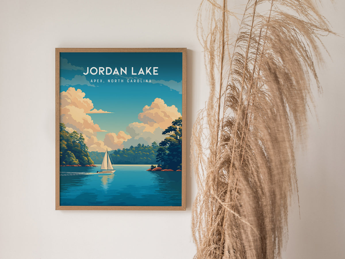 Jordan Lake, Apex, North Carolina Poster | Lakeside Serenity Travel Wall Art — styled in a modern interior