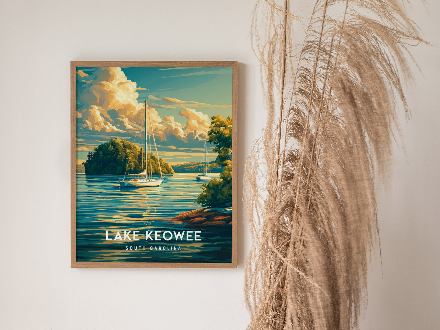 Lake Keowee, South Carolina Poster | Lakeside Mountain Retreat Wall Art — styled in a modern interior