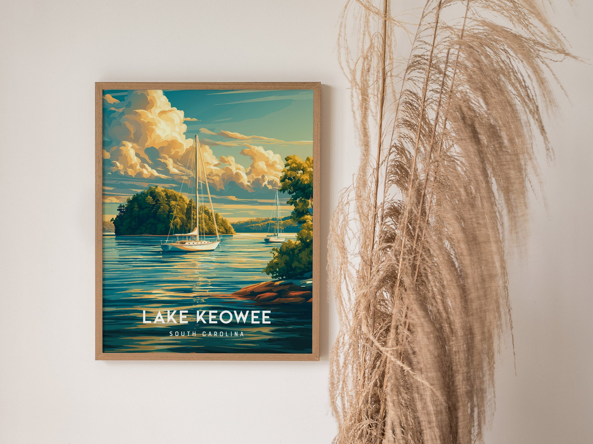 Lake Keowee, South Carolina Poster | Lakeside Mountain Retreat Wall Art — styled in a modern interior
