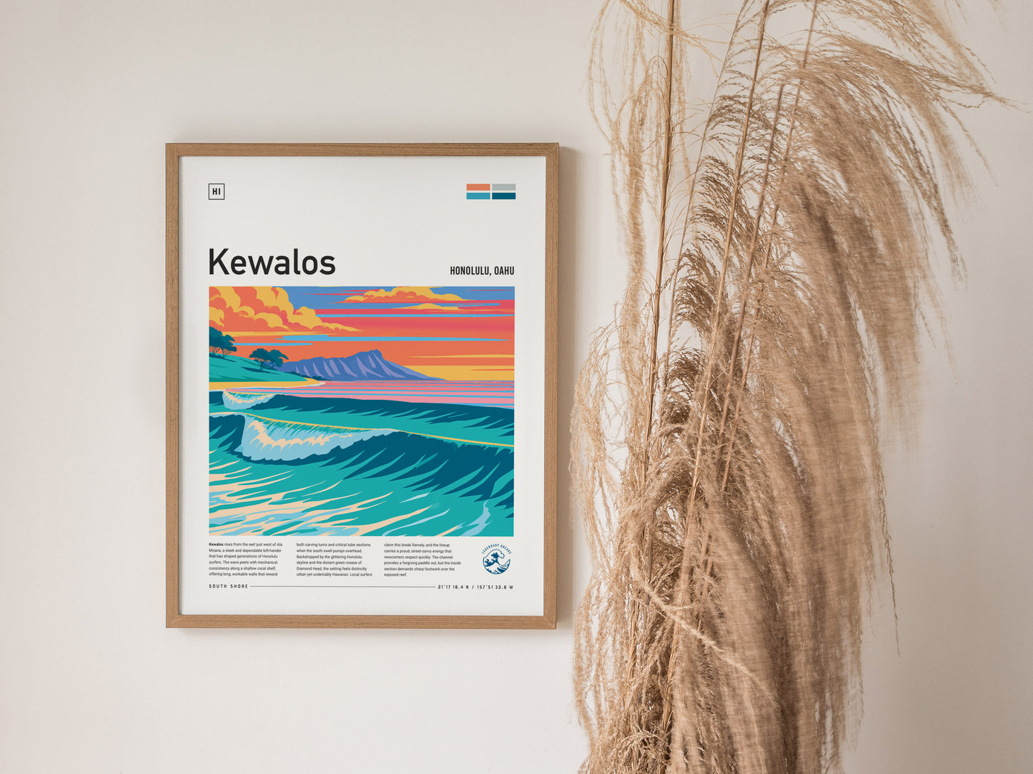 Kewalos, Hawaii Poster | Golden Surf & Diamond Head Wall Art — styled in a modern interior