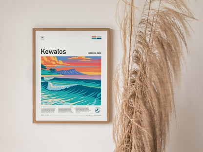 Kewalos, Hawaii Poster | Golden Surf & Diamond Head Wall Art — styled in a modern interior