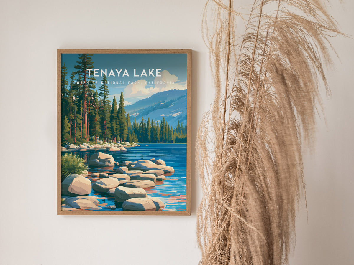 Tenaya Lake, Yosemite National Park, California Poster | Mountain Lake Vacation Wall Art — styled in a modern interior