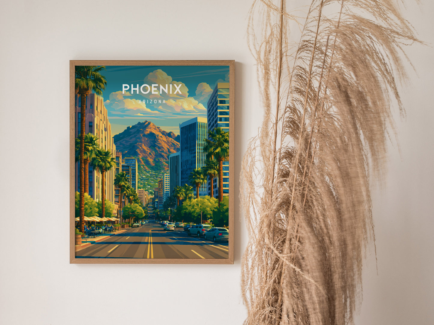 Phoenix, Arizona Poster | Desert Skyline & Saguaro Sunset Wall Art — styled in a modern interior