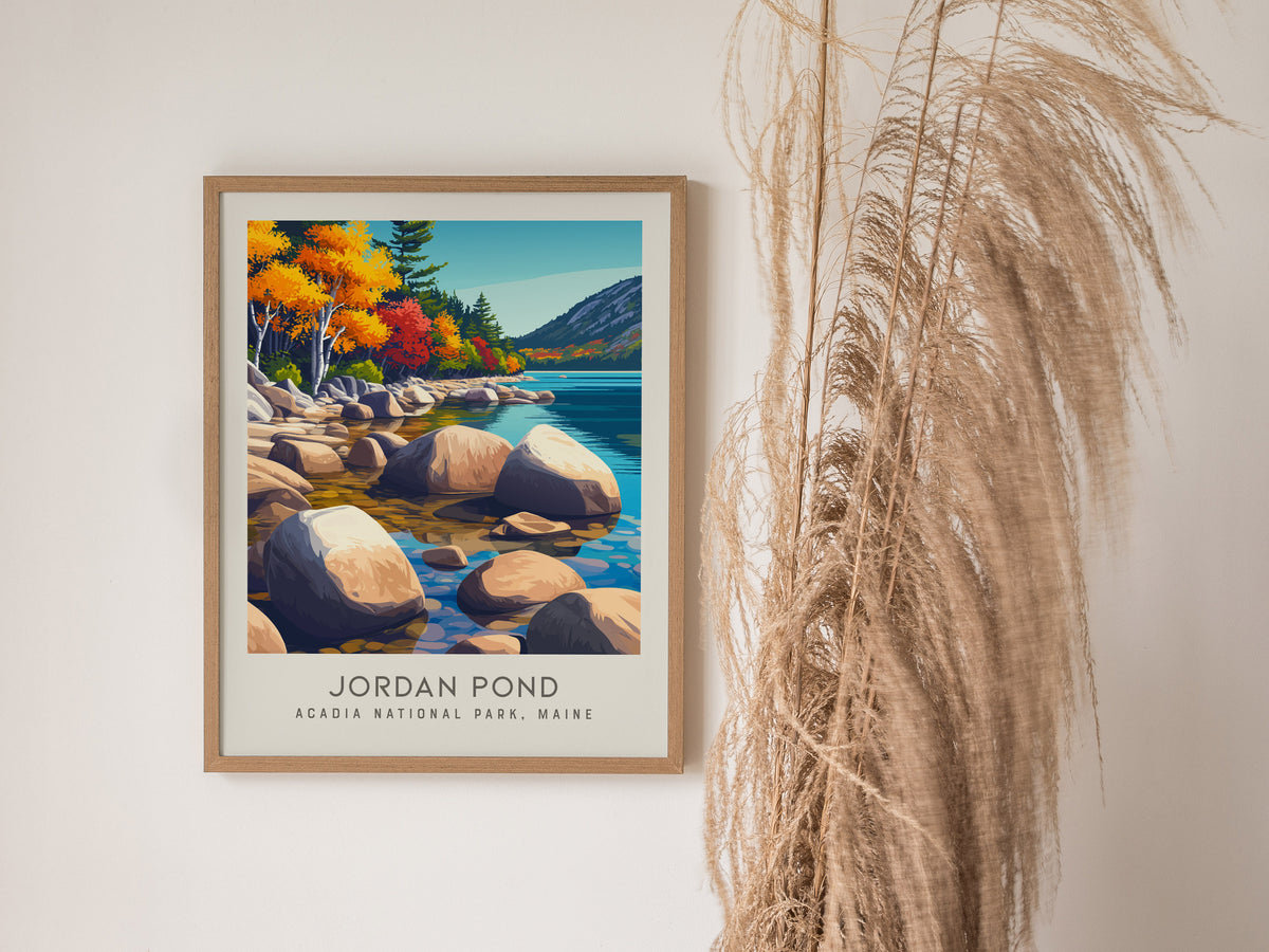 Jordan Pond Matte Border Poster | Acadia National Park, Maine Destination Print — styled in a modern interior