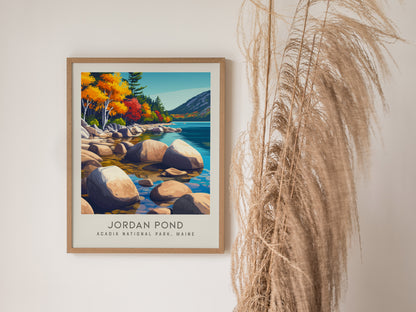 Jordan Pond Matte Border Poster | Acadia National Park, Maine Destination Print — styled in a modern interior
