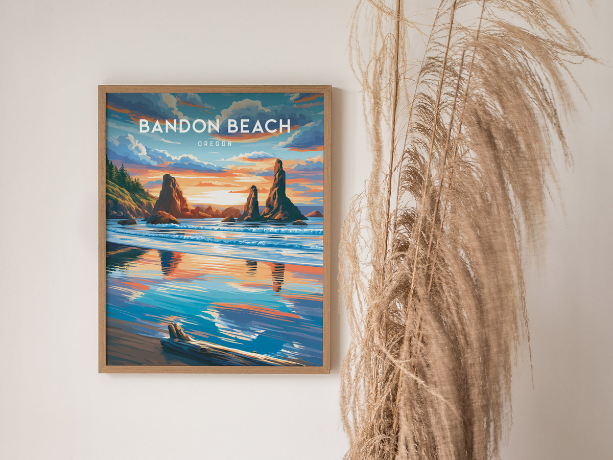 Bandon Beach, Oregon Poster | Sea Stacks & Sunset Travel Wall Art — styled in a modern interior