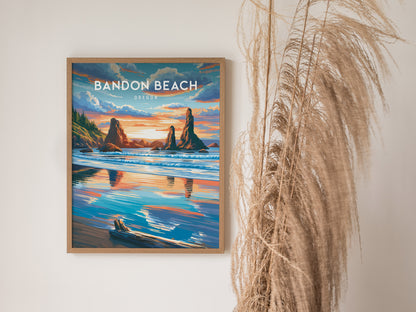 Bandon Beach, Oregon Poster | Sea Stacks & Sunset Travel Wall Art — styled in a modern interior