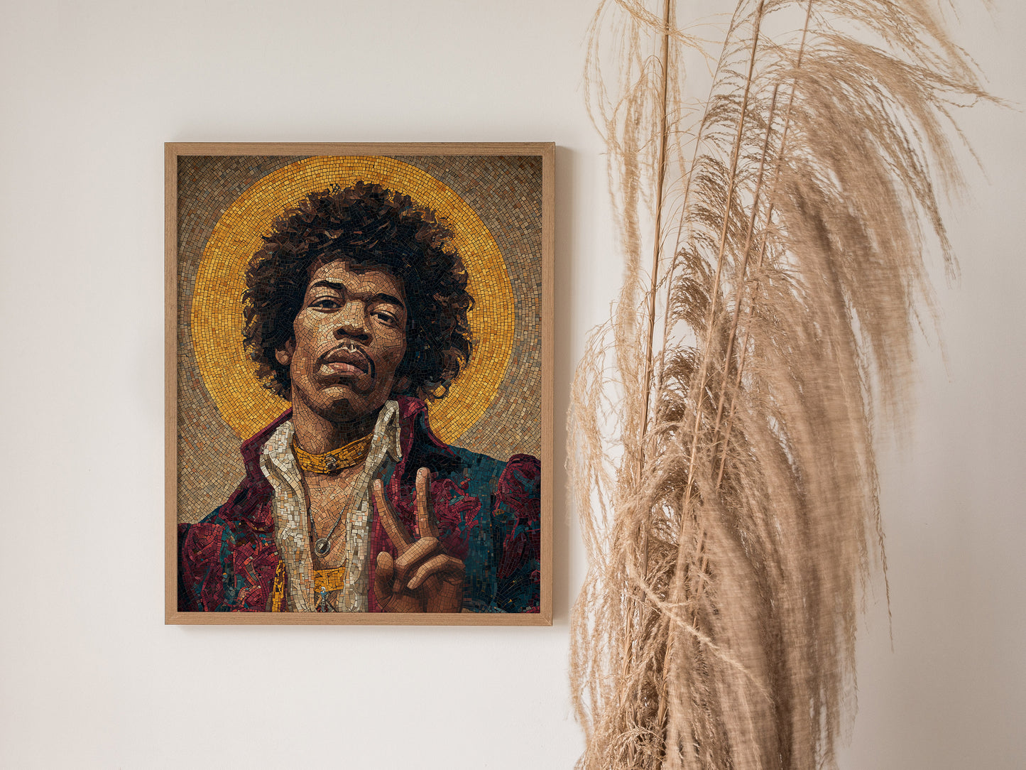 Byzantine-style mosaic portrait art of Jimi Hendrix with colorful attire and a golden halo, holding a peace sign.