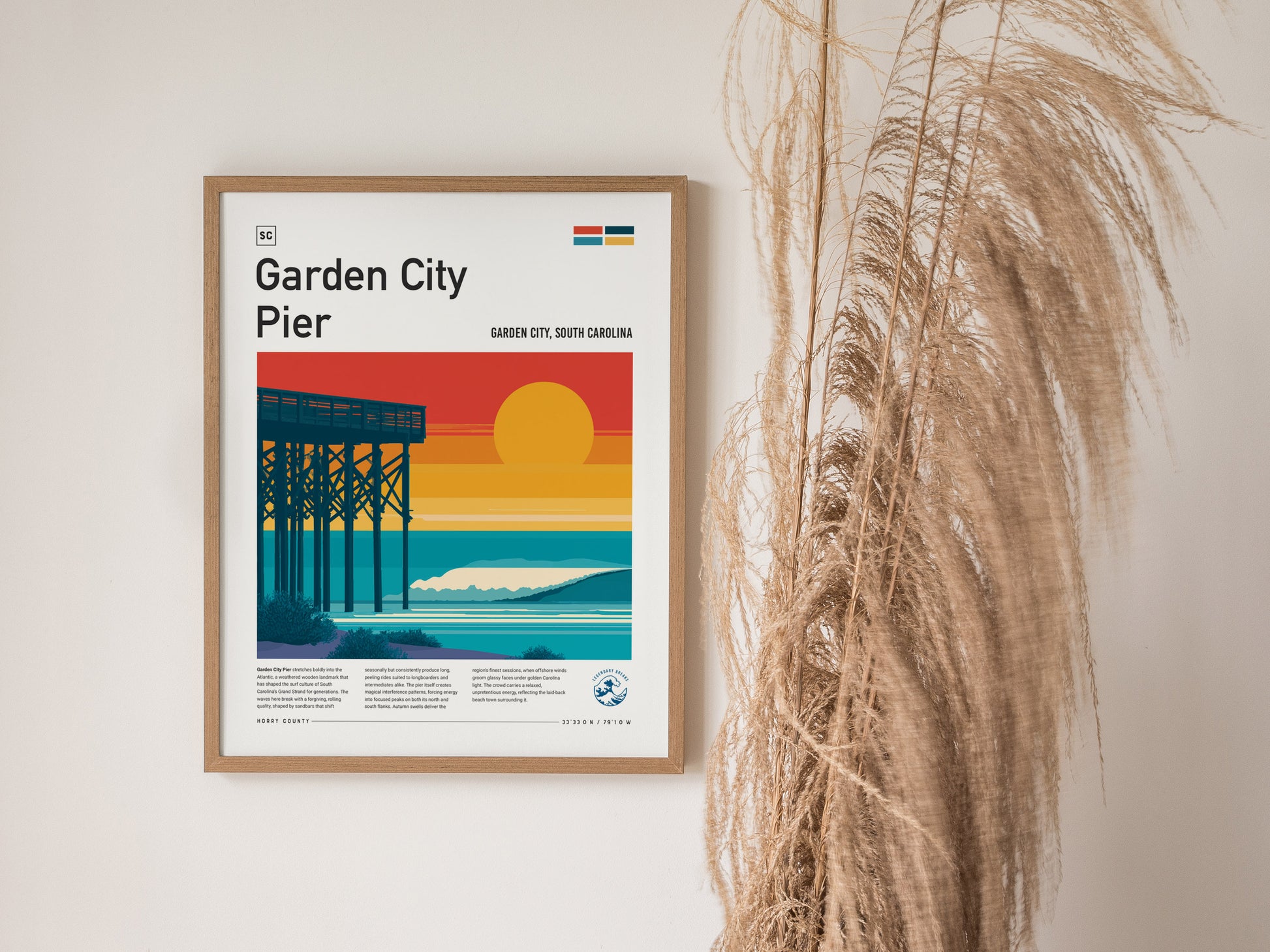 Garden City Pier, Garden City, South Carolina Poster | Surf Waves & Coastal Pier Wall Art — styled in a modern interior