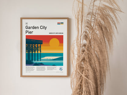Garden City Pier, Garden City, South Carolina Poster | Surf Waves & Coastal Pier Wall Art — styled in a modern interior