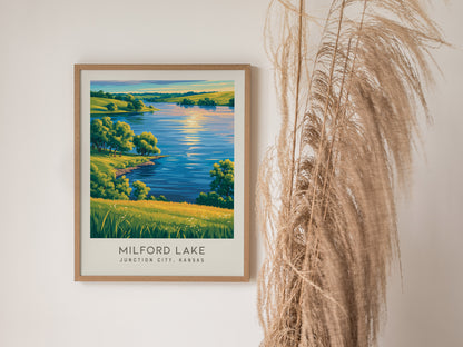 Milford Lake Matte Border Poster | Junction City, Kansas Travel Wall Art — styled in a modern interior