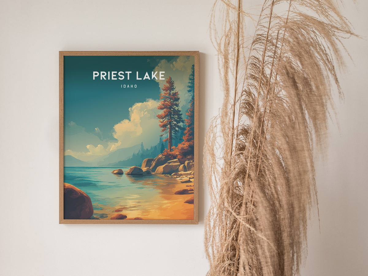 Priest Lake, Idaho Poster | Mountain Lake Retreat Framed or Unframed Wall Art — styled in a modern interior