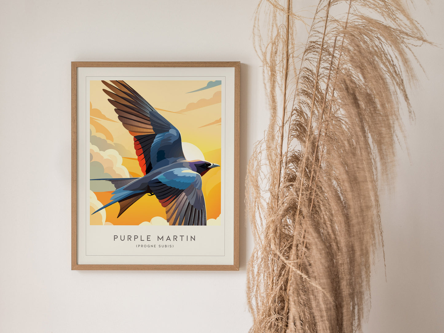 Purple Martin Poster | Graceful Songbird in Golden Light Wall Art — styled in a modern interior