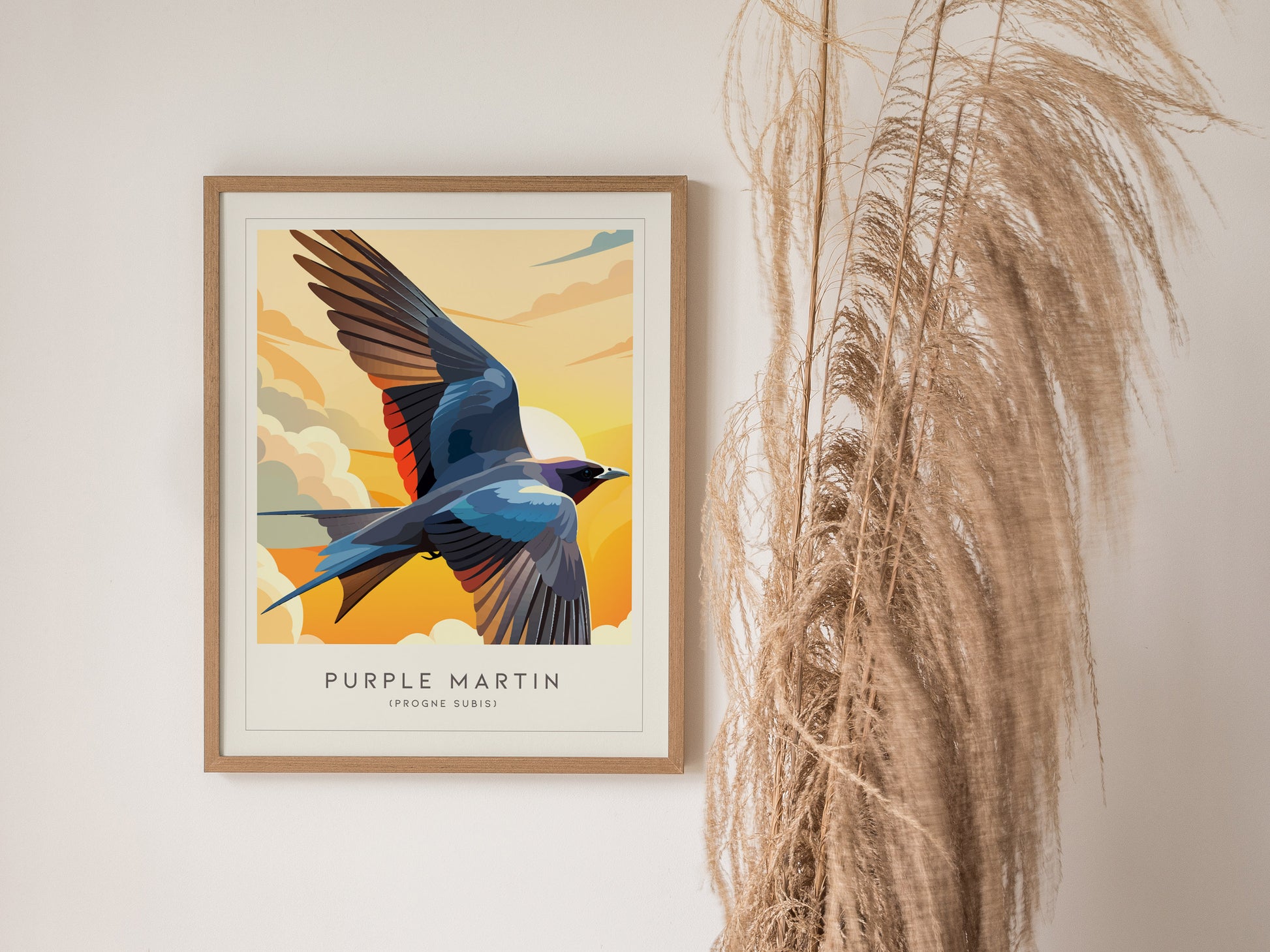 Purple Martin Poster | Graceful Songbird in Golden Light Wall Art — styled in a modern interior