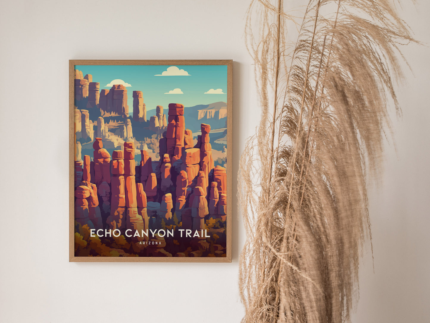 Framed Echo Canyon Trail wall art featuring vibrant red rock formations under a blue sky, perfect for travel art enthusiasts.