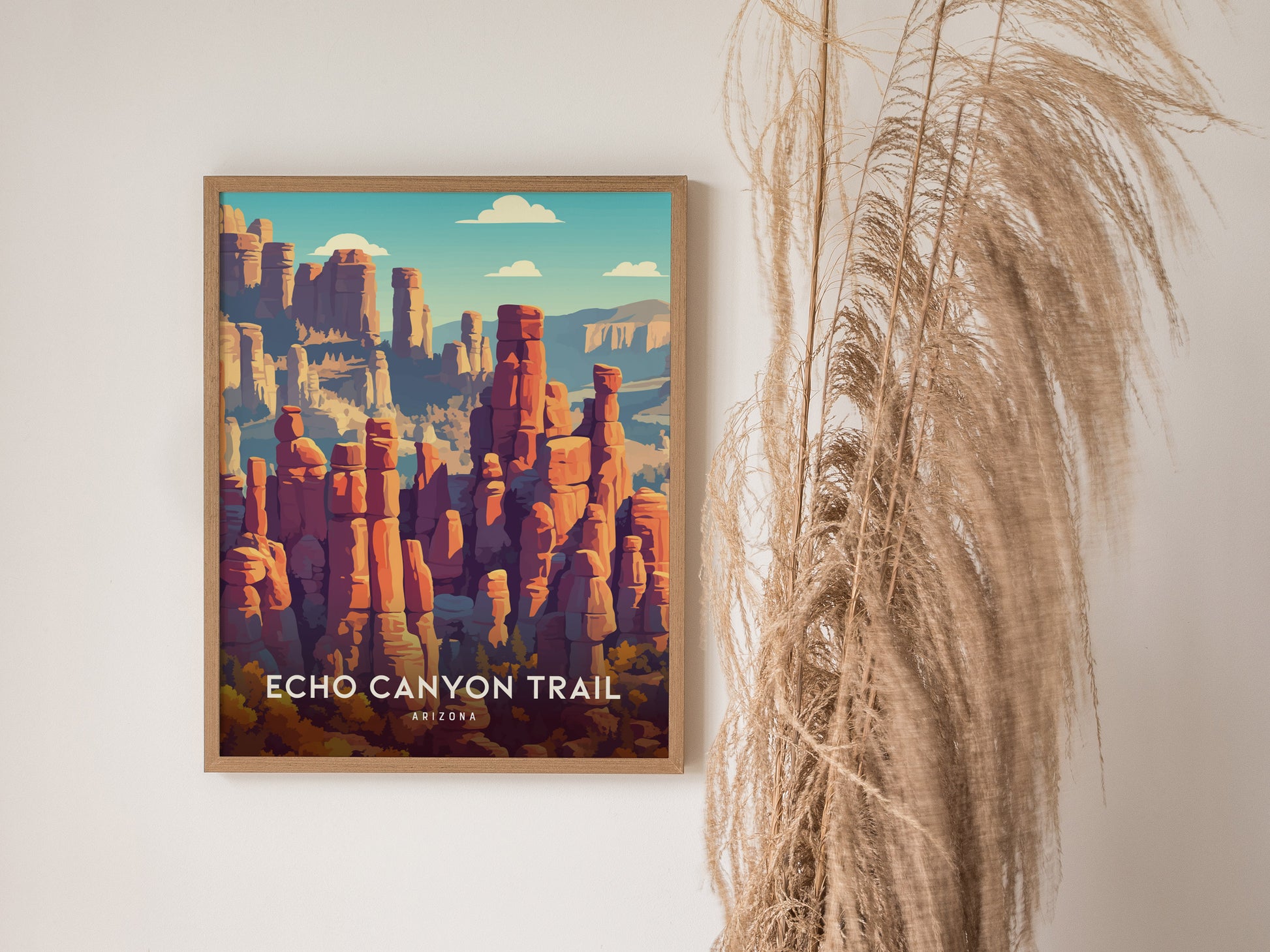 Framed Echo Canyon Trail wall art featuring vibrant red rock formations under a blue sky, perfect for travel art enthusiasts.