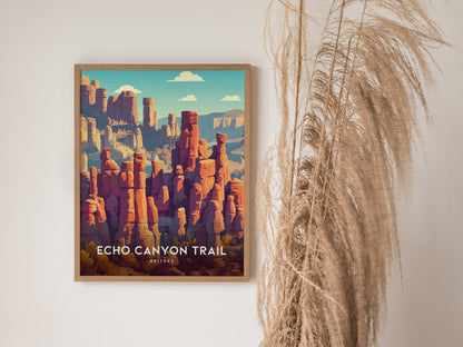 Framed Echo Canyon Trail wall art featuring vibrant red rock formations under a blue sky, perfect for travel art enthusiasts.
