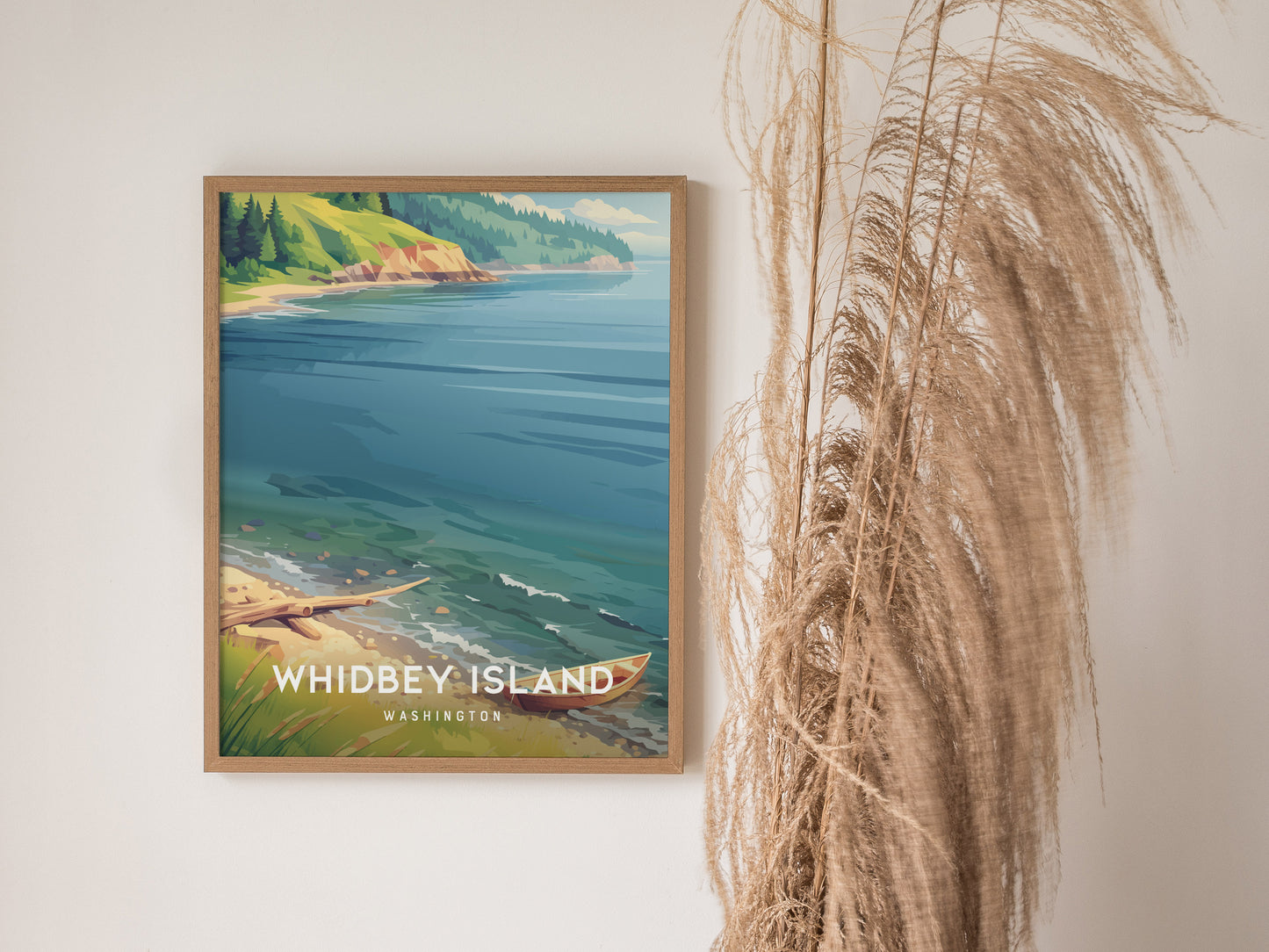 Whidbey Island, Washington Poster | Evergreen Shores & Sailboat Wall Art — styled in a modern interior