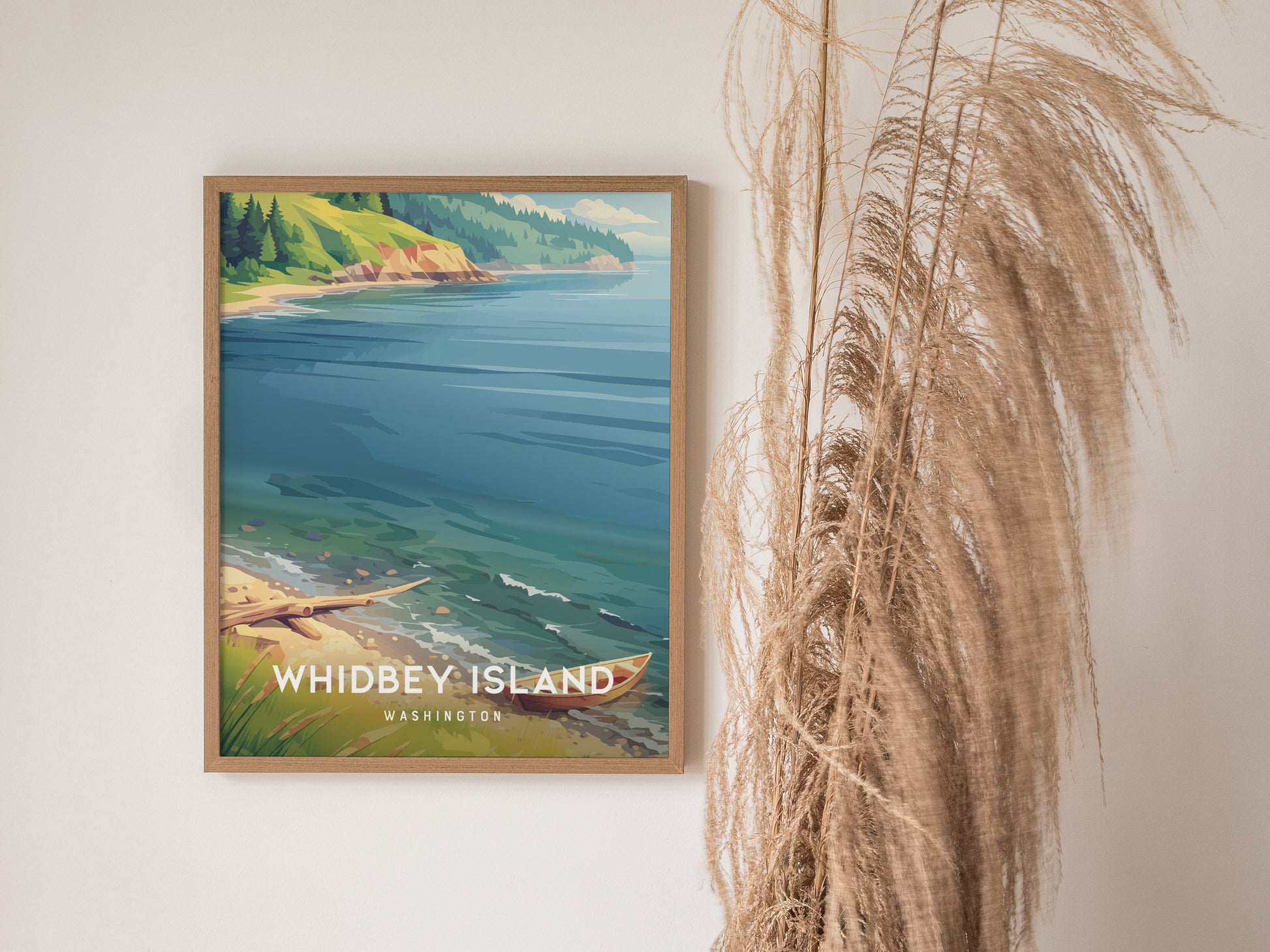 Whidbey Island, Washington Poster | Evergreen Shores & Sailboat Wall Art — styled in a modern interior
