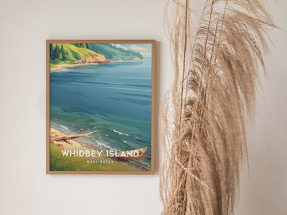 Whidbey Island, Washington Poster | Evergreen Shores & Sailboat Wall Art — styled in a modern interior