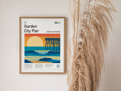 Garden City Pier, Garden City, South Carolina Poster | Surf Waves & Coastal Pier Wall Art — styled in a modern interior