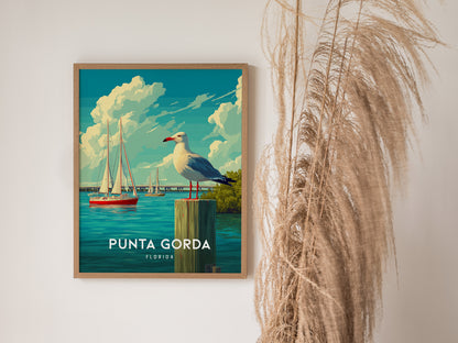 Stylized Punta Gorda coastal scene featuring a seagull on a post, vibrant sailboats, and a sunny sky, perfect travel art print.