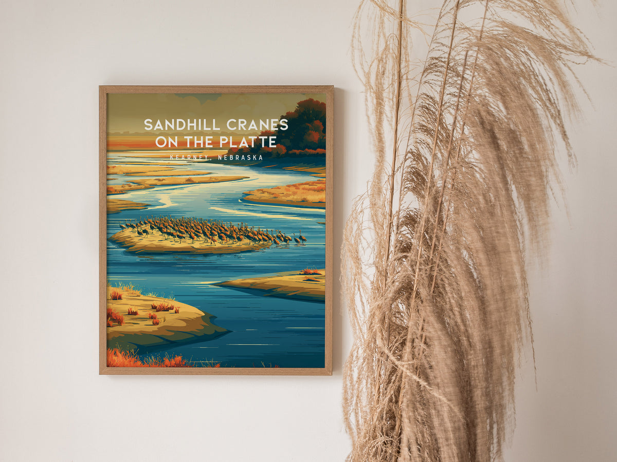 Sandhill Cranes on the Platte, Kearney, Nebraska Poster | Prairie Wildlife Travel Wall Art — styled in a modern interior