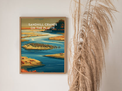 Sandhill Cranes on the Platte, Kearney, Nebraska Poster | Prairie Wildlife Travel Wall Art — styled in a modern interior