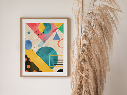 A framed abstract art piece featuring vibrant geometric shapes in pink, blue, yellow, and green hues. Its displayed on a wall beside tall, dried pampas grass.