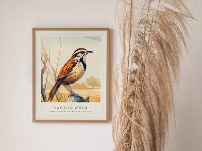 Cactus Wren Poster | Desert Songbird & Blooming Cactus Wall Art — styled in a modern interior
