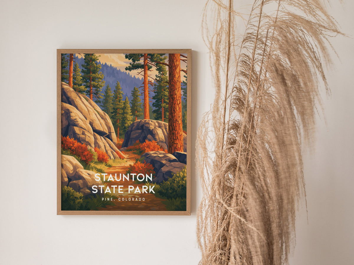 Staunton State Park, Pine, Colorado Poster | Rocky Mountain Trail Adventure Wall Art — styled in a modern interior