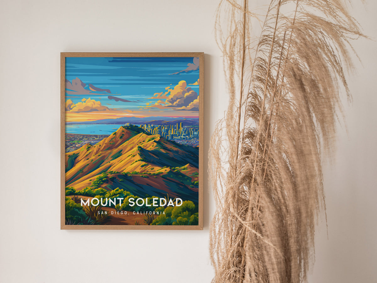 Mount Soledad, California Poster | Cross & Coastline Panoramic View Wall Art — styled in a modern interior