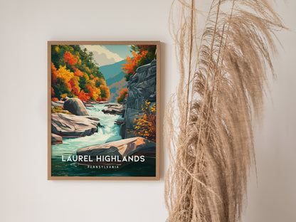 Laurel Highlands, Pennsylvania Poster | Mountain Forest Retreat Framed or Unframed Wall Art — styled in a modern interior