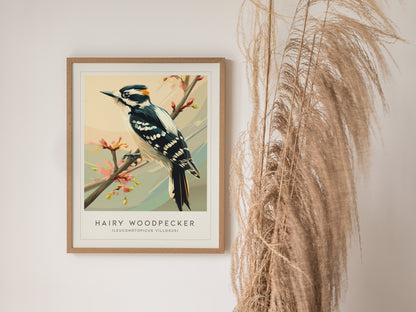 Hairy Woodpecker Poster | Bold Forest Bird Illustration Wall Art — styled in a modern interior