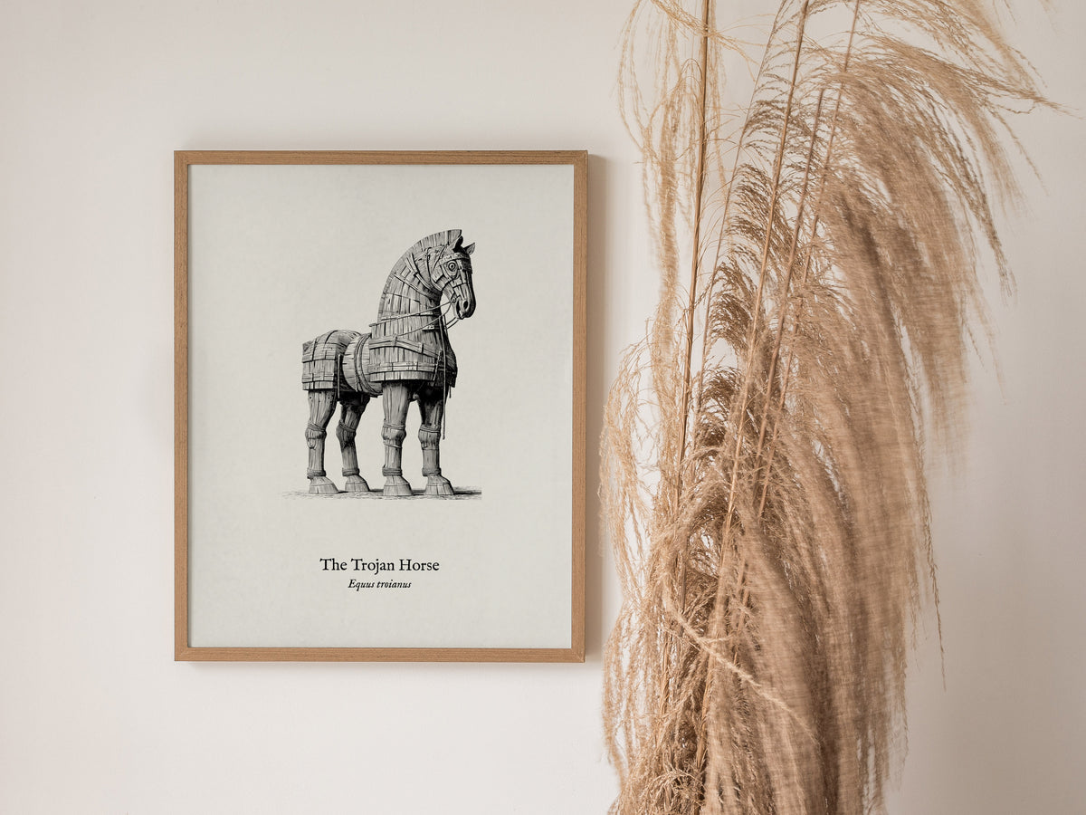 The Trojan Horse Poster | Equus Troianus Pen and Ink Print Vintage Scientific Illustration Wall Art — styled in a modern inte