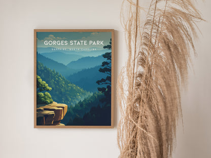 Gorges State Park, Sapphire, North Carolina Poster | Waterfall & Mountain Forest Travel Wall Art — styled in a modern interio