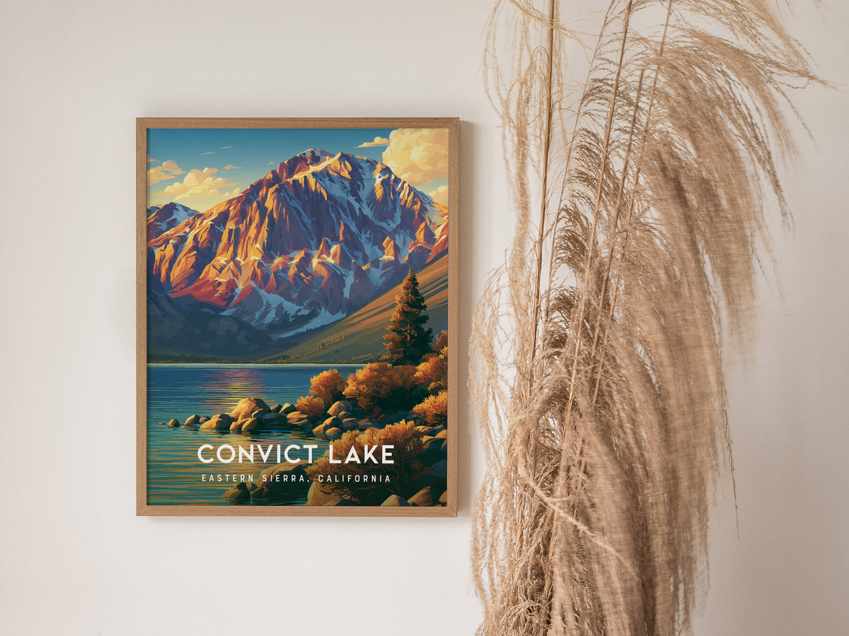 Convict Lake, Eastern Sierra, California Poster | Mountain Lake Travel Wall Art — styled in a modern interior