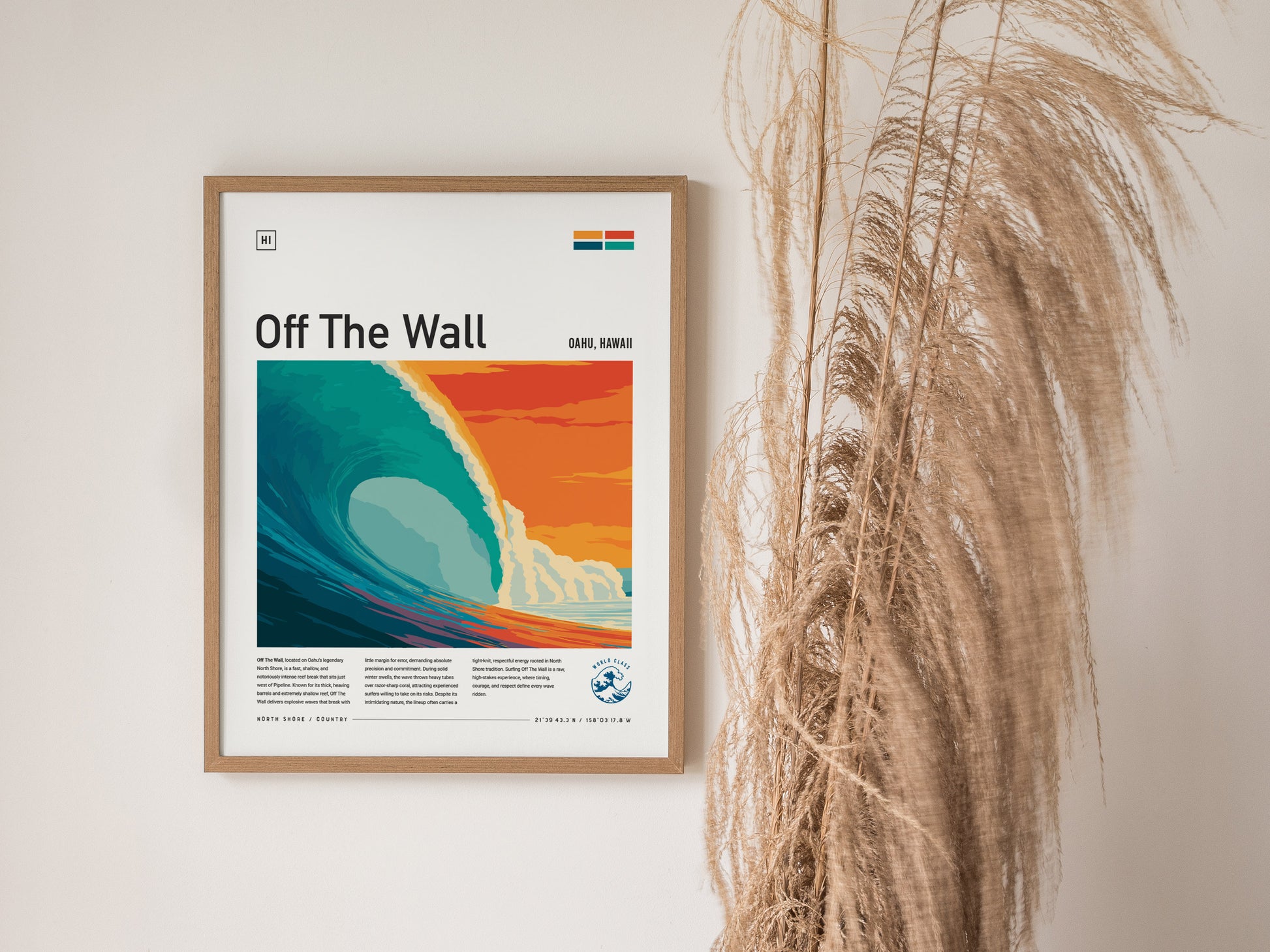 Framed "Off The Wall" poster featuring a vibrant blue ocean wave against a warm orange and pink sunset sky, perfect surf art decor.