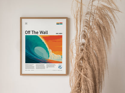 Framed "Off The Wall" poster featuring a vibrant blue ocean wave against a warm orange and pink sunset sky, perfect surf art decor.