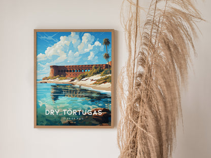 A framed poster of Dry Tortugas, featuring Fort Jefferson against a vibrant blue sky and turquoise waters, hangs next to tall, wispy pampas grass.
