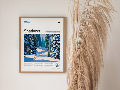 Shadows, Steamboat Poster | Snowy Ski Run Mountain Wall Art — styled in a modern interior