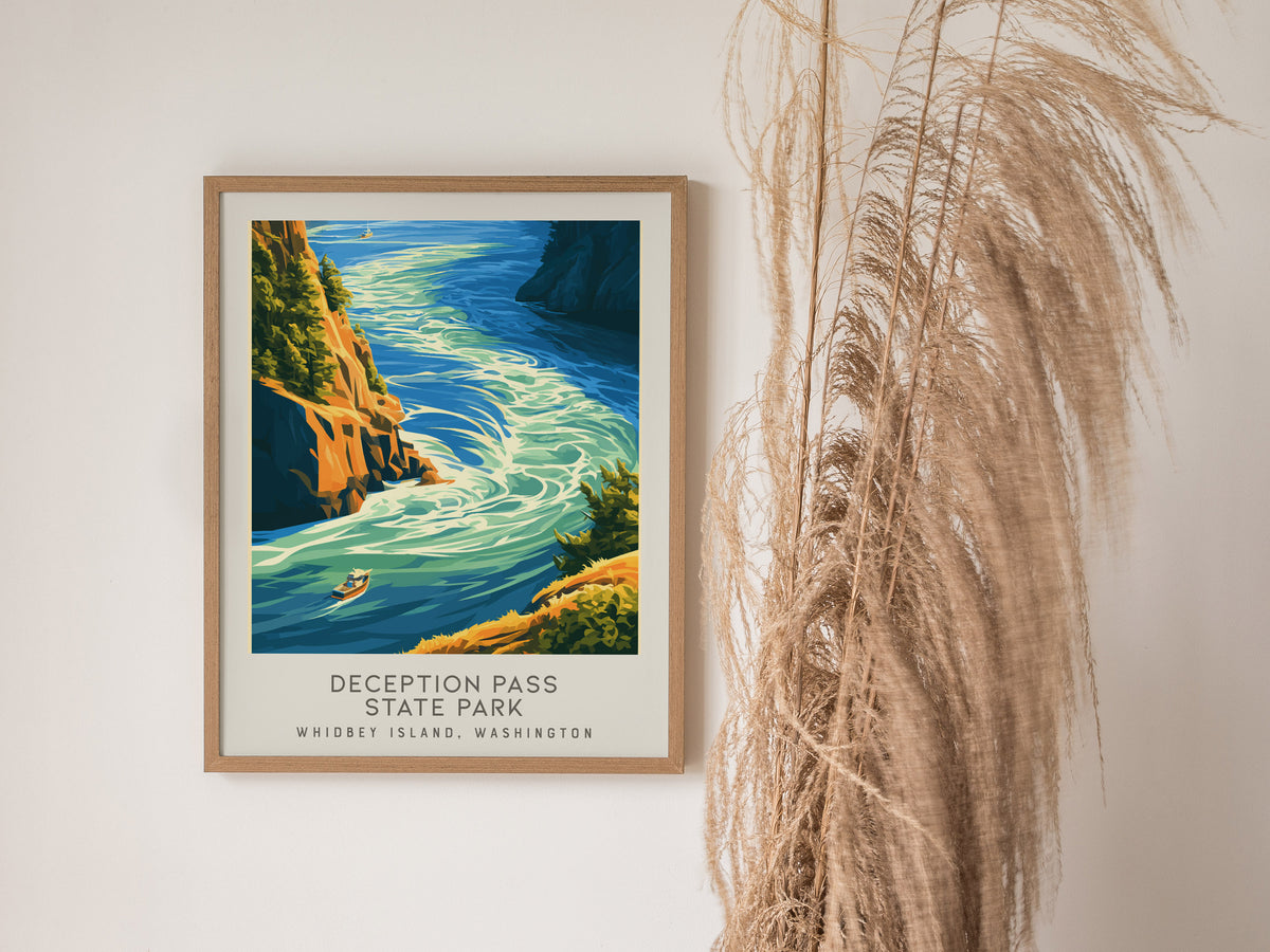 Deception Pass State Park Matte Border Poster | Whidbey Island, Washington Coastal Beach Decor — styled in a modern interior
