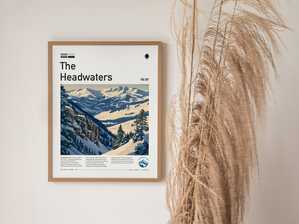 The Headwaters, Big Sky Montana Poster | Ski Lodge Decor Alpine Print Wall Art — styled in a modern interior