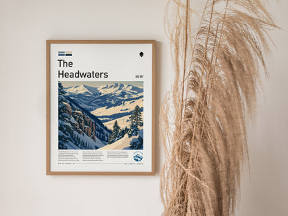 The Headwaters, Big Sky Montana Poster | Ski Lodge Decor Alpine Print Wall Art — styled in a modern interior