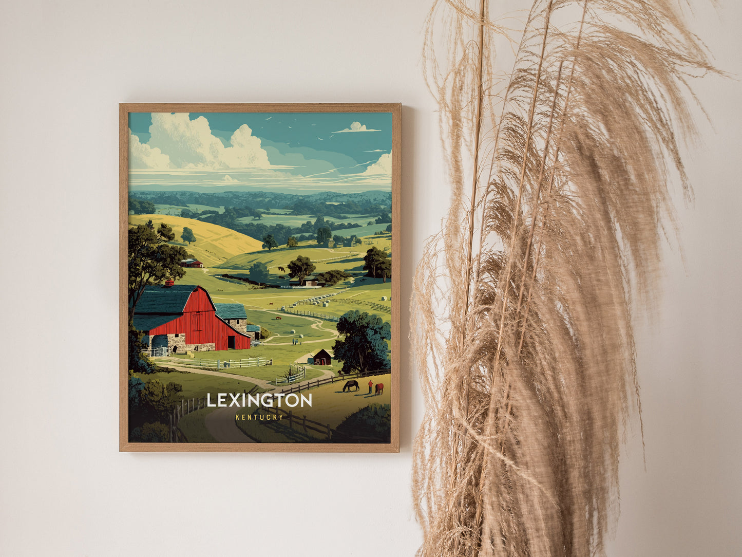 Vibrant red barn in Lexington, Kentucky, surrounded by lush green pastures and rolling hills, showcasing retro travel art style.