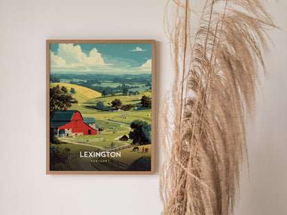 Vibrant red barn in Lexington, Kentucky, surrounded by lush green pastures and rolling hills, showcasing retro travel art style.