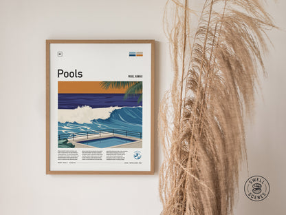 Framed artwork titled Pools depicts a vibrant ocean wave with a nearby pool, set against a tropical backdrop. Tall dried grasses are positioned beside the poster on a light wall.